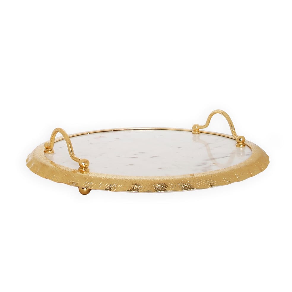 16.5"D Round Marble Tray with Gold Edge and Handles