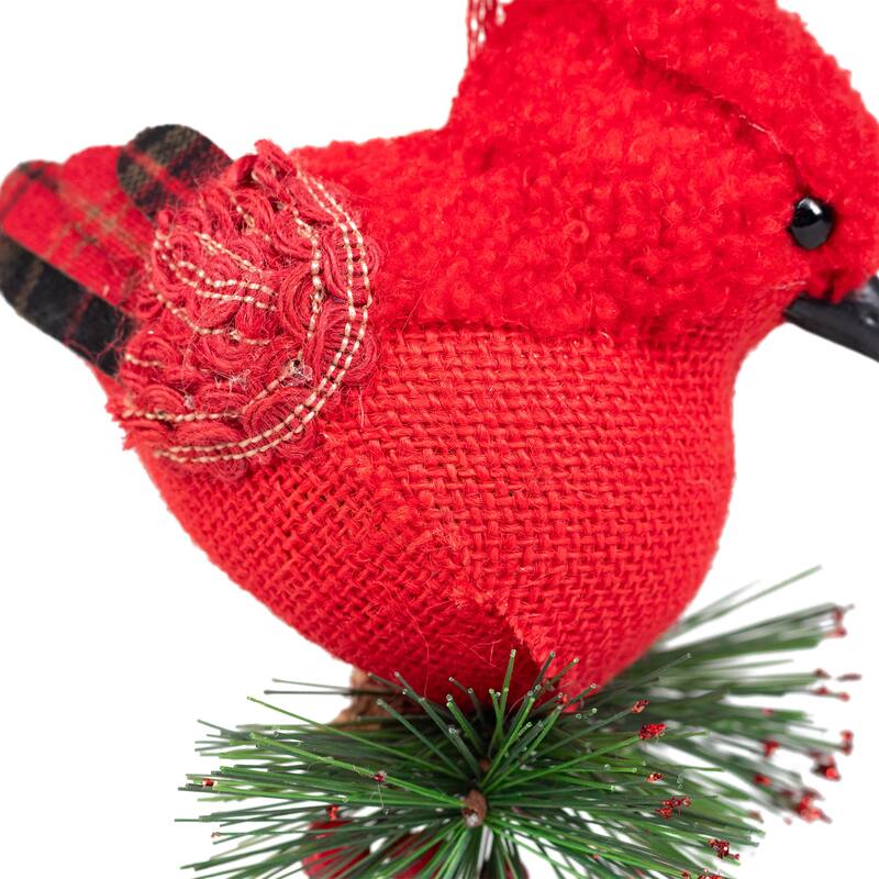 6.5" Red Burlap Cardinal with Pine Needles Berries Christmas Ornament