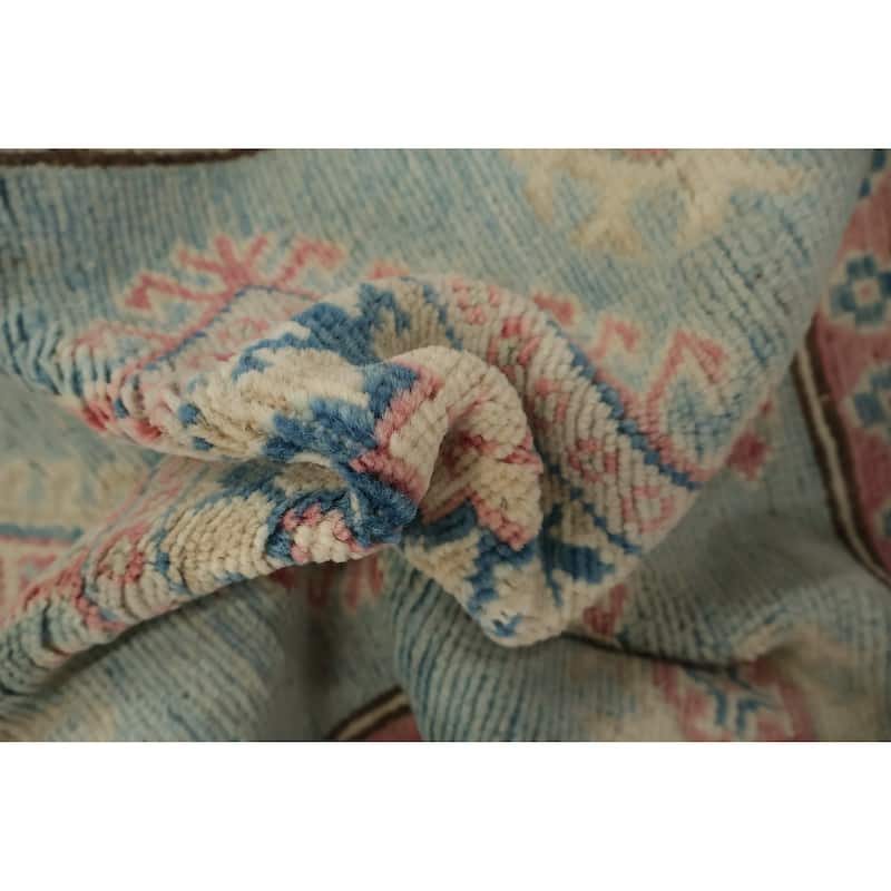 Hand Knotted Oriental 100% Wool Carpet Traditional Geometric Navy Blue & Blues Kazak Runner Rug - 13' 4'' X 2' 10''