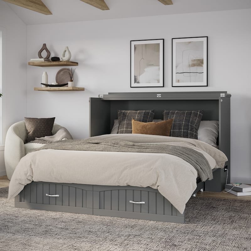 Aspen Queen Murphy Bed Chest with 6" Mattress, Storage Drawer & Built-In Charger in Grey