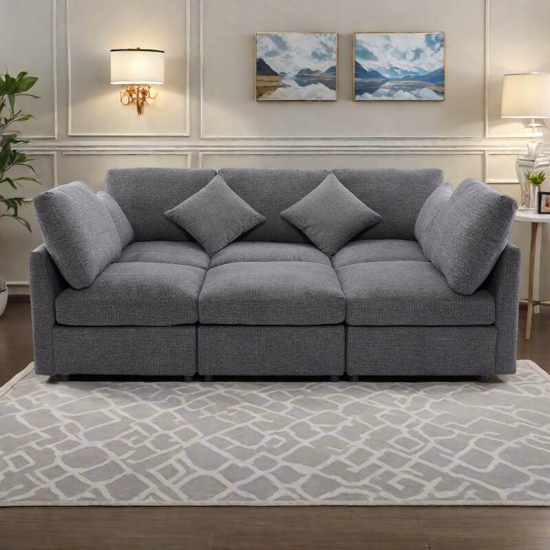85.4" Chenille Modular Sectional Sofa with Ottoman and USB Ports - U/L-Shaped Convertible Design - Grey