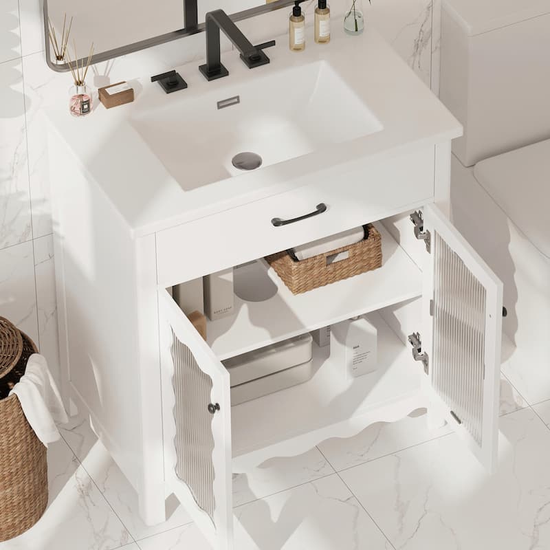 31" Bathroom Vanity with Tempered Glass - Modern Cabinet with Rubber Wood Legs and Soft-Close Doors
