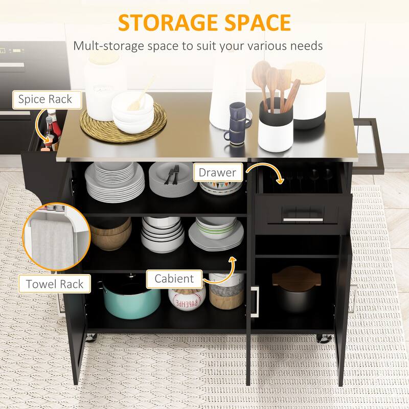 Kitchen Island with Storage, Rolling Kitchen Island on Wheels with Drawer, 3 Cabinets, Stainless Steel Countertop