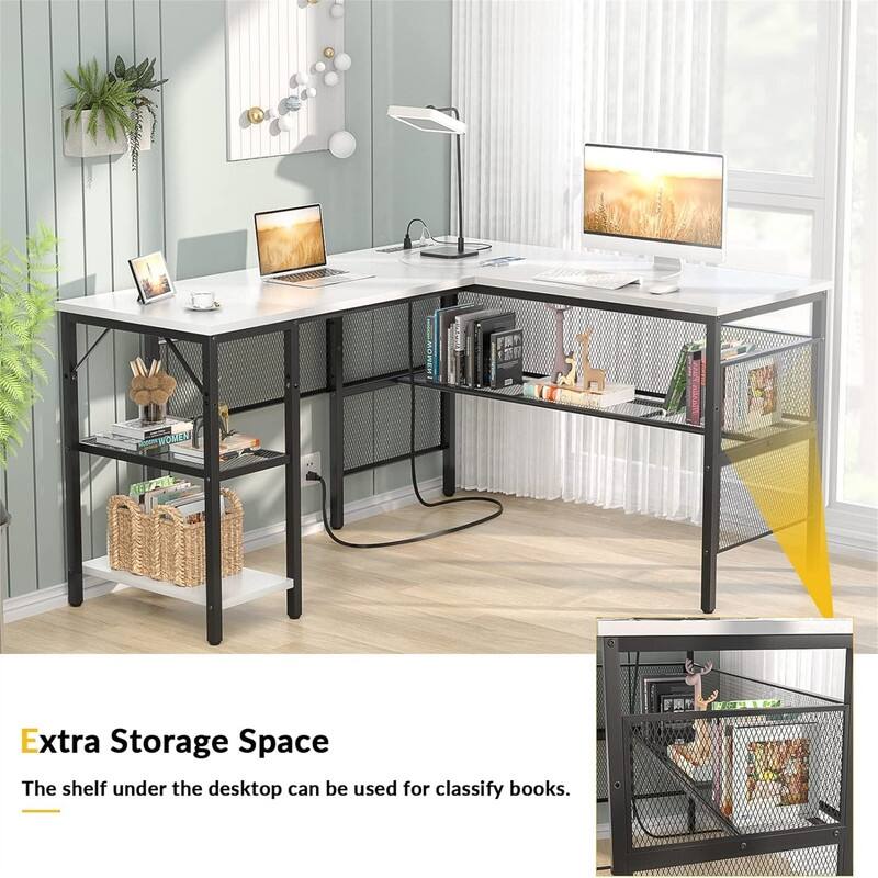 L Shaped Desk with USB Charging Port and Power Outlet