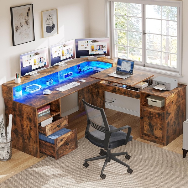 Moasis 59 L Shaped Desk Corner LED Computer Gaming Desk with File Cabinet and Lift Table Top On Sale Bed Bath Beyond 40034811