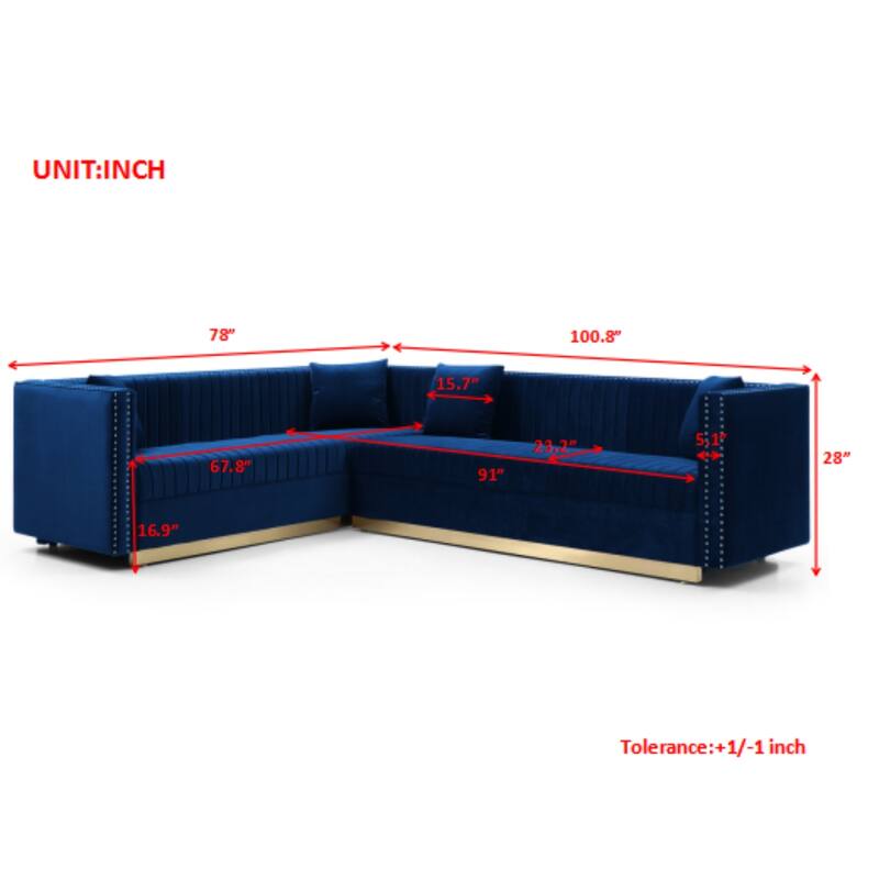 100.8'' Modern Velvet Corner 6-Seat Sectional Sofa with 4 Cushions and Vertical Channel Tufting, Perfect for Living Room
