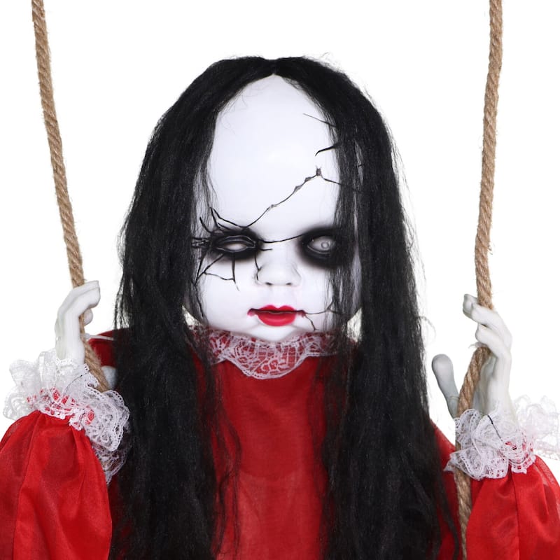 Haunted Hill Farm Giggles the Giggling Zombie Girl on a Swing with Colorful Light-Up Body and Eyes for Halloween Decoration