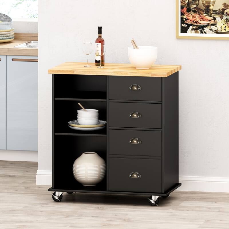 Fixed Wheel Rolling Modern Kitchen Utility Cart with 2 Drawers, 1 Cabinet, 3 Shelves and Rubberwood Top, Gray