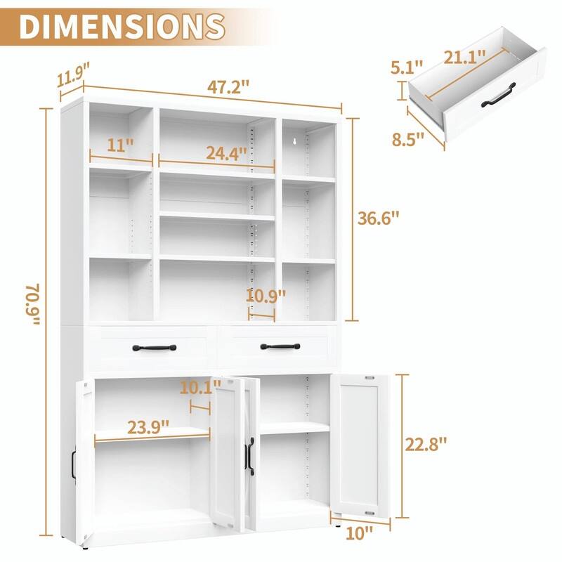 71" Tall Bookcase with Doors, Drawers and Adjustable Open Shelves