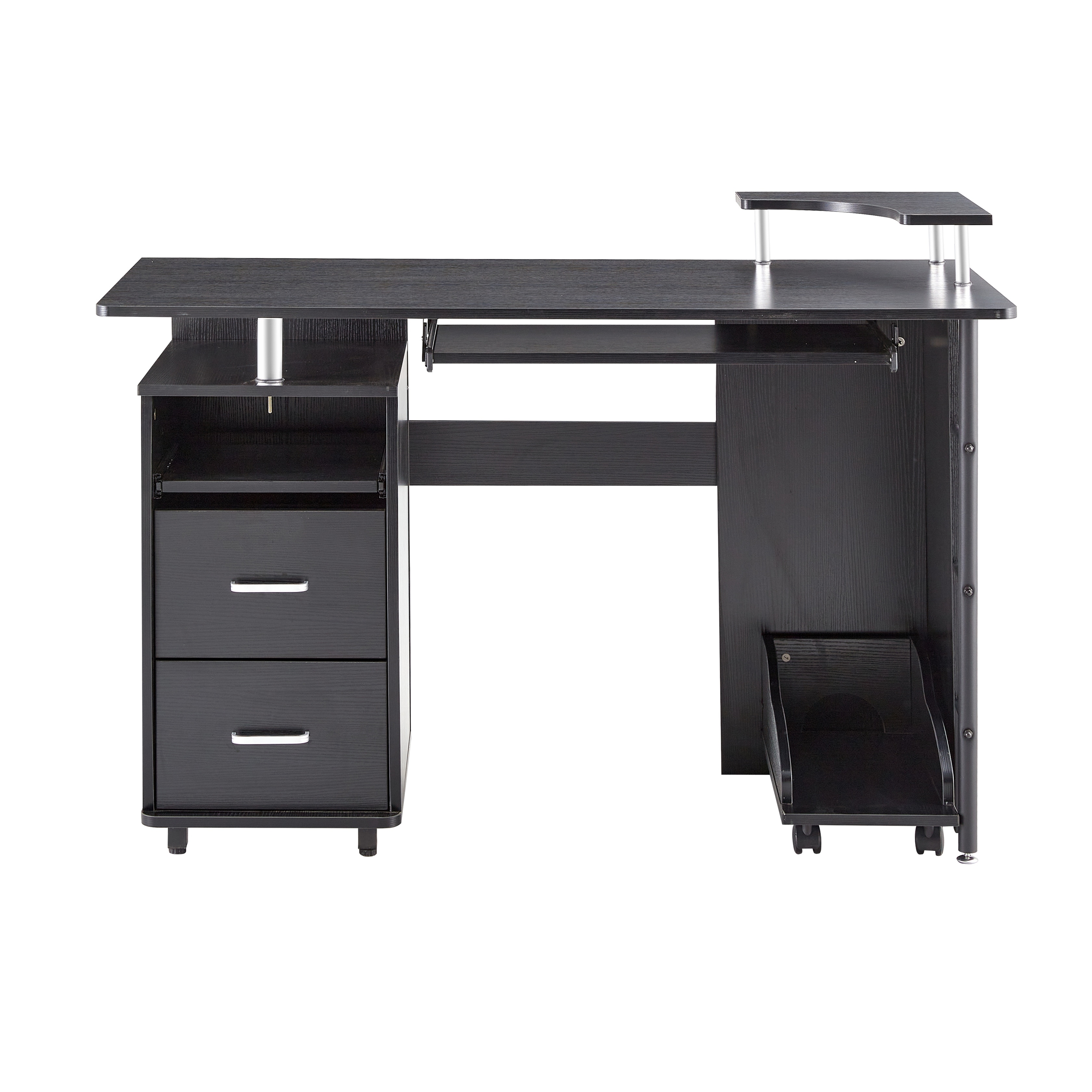 Solid Wood Computer Desk, Office Table with PC Droller, Storage Shelves and File Cabinet , Two Drawers, CPU Tray - Black