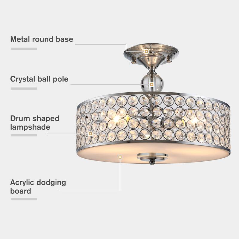 HOMCOM Chandelier Pendant Light Lamp with Crystal Ball Pole, Drum Shaped Shade, Ceiling-Connecting Metal Base, Silver