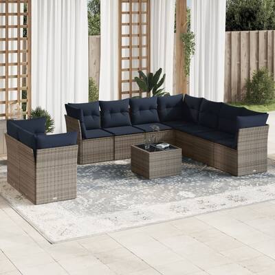 vidaXL 9/10 Piece Patio Sofa Set with Cushions Black/Brown/Gray Poly Rattan - 21.7 x 24.4 x 27.2