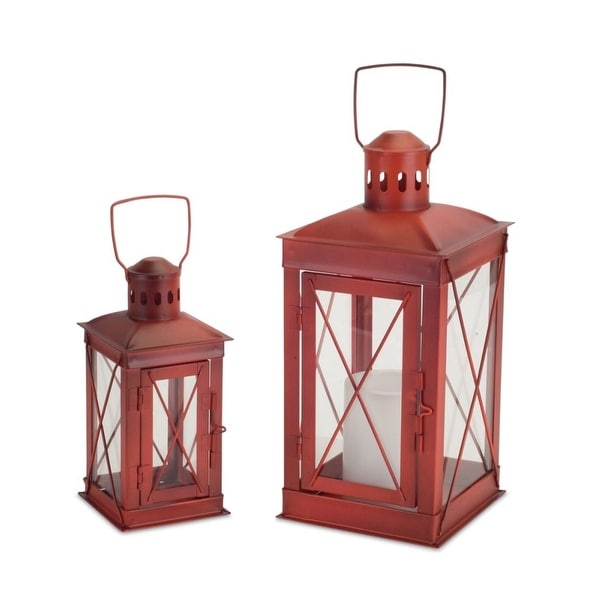 Pack of 2 Weathered Red Candle Lanterns with Carrying Handles 12” - N/A