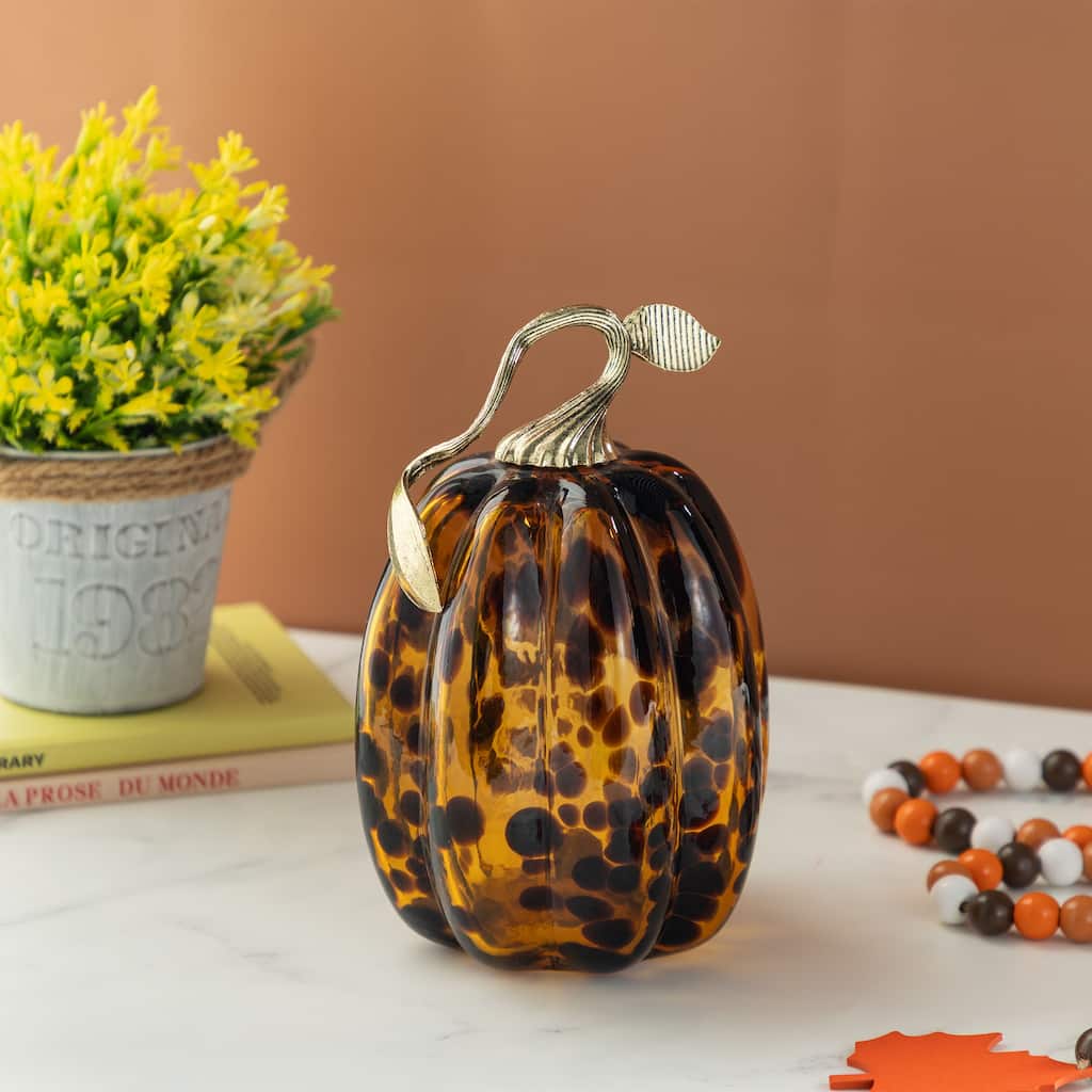 Glitzhome Gold Handle Amber Dots Glass Pumpkin for Fall Thanksgiving Decorating