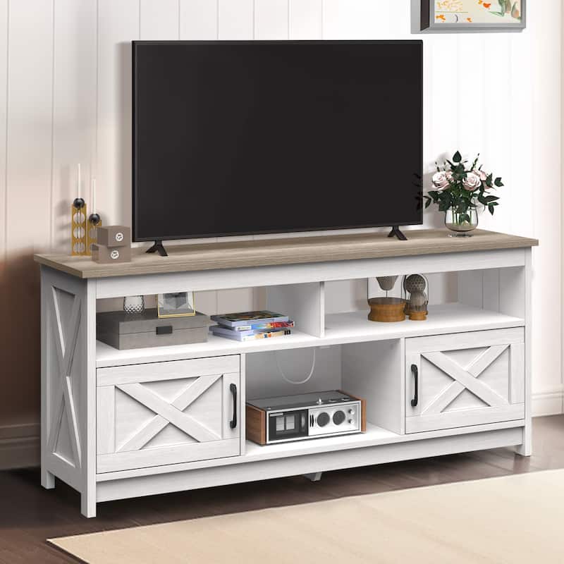 Moasis Farmhouse Barn Door Wood TV Stand with Power Outlet, Entertainment Center with Shelves for TV up to 65"