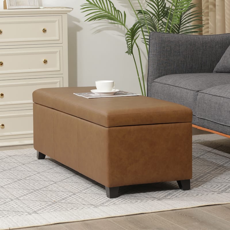 Adeco 46" Faux Leather Storage Ottoman Bench with Nailhead Trim