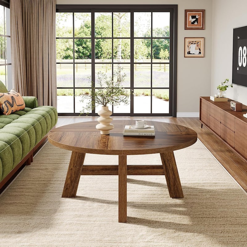 39" Round Coffee Table, Mid Century Modern Circle Center Tables for Living Room - 39.37" L × 39.37" W × 17.7" H