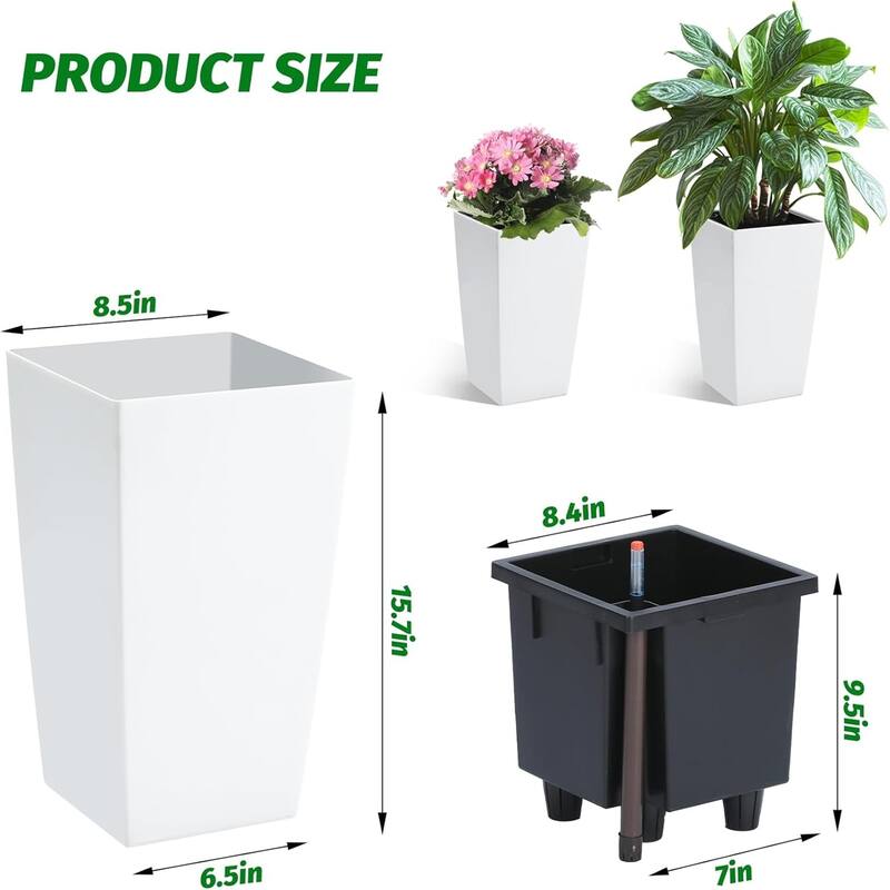 16-in Tall Self-Watering Planters Set of 4 with Drainage Holes Water Level Monitor and Inner Bucket Black