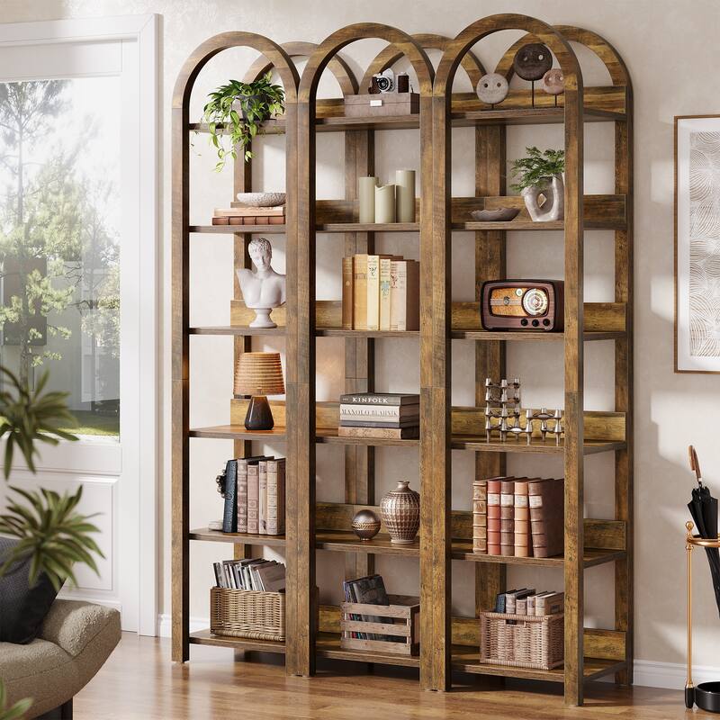 71'' Tall Brown Wood Arched Bookshelf Narrow Skinny Bookshelf with 6 Open Shelves