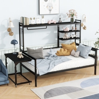 Roomfitters Twin/ Full Size Metal Daybed with Movable Desk, Metal Grid Design, Functional Shelves and Hanging Rack
