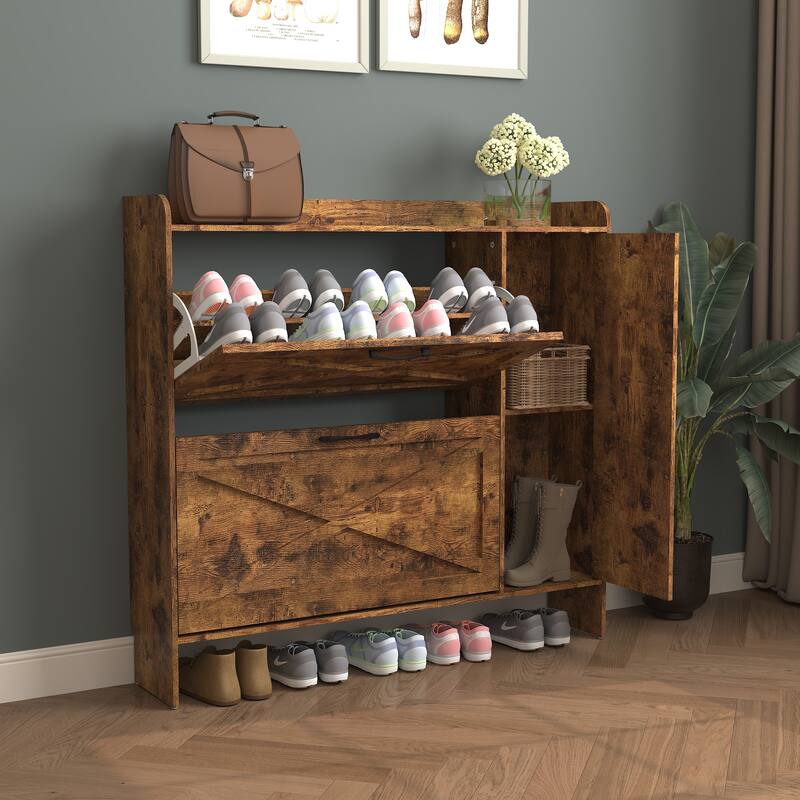Distressed Shoe Storage Cabinet with 2 Flip Drawers, Freestanding Organizer Narrow Shoe Rack Cabinet