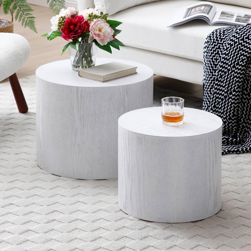 Wood Grain Coffee Table Set of 2 Round Nesting Side Table Lightweight End Table Modern Accent Table, No Assembly Required