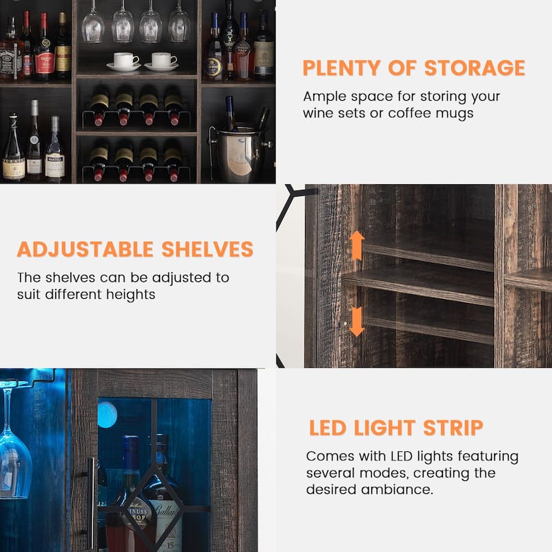 Wine Bar Cabinet with LED Light - 15.7"D x 47.2"W x 34.61"H