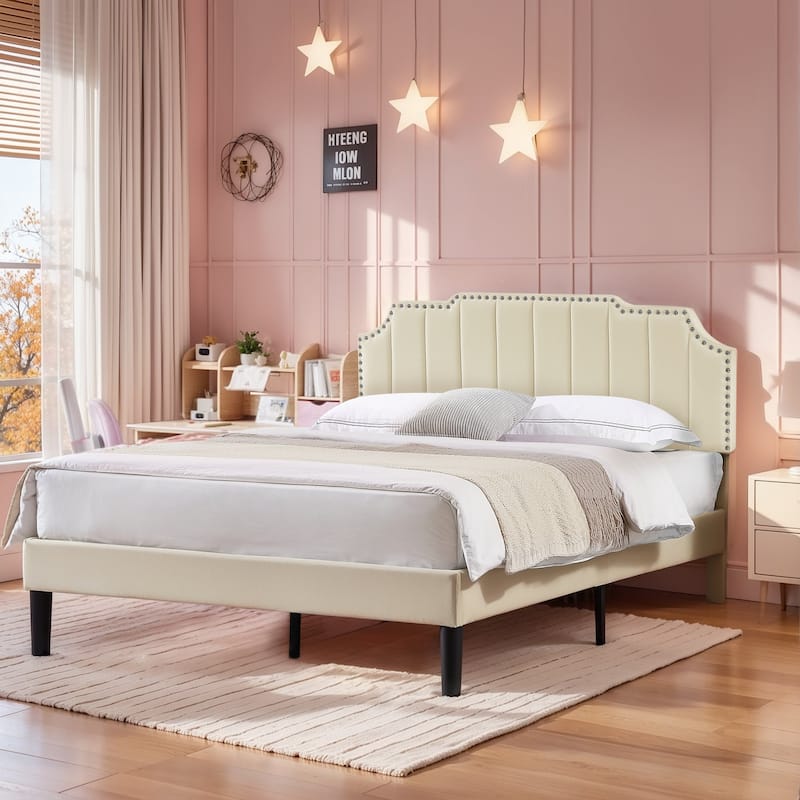 Javlergo Upholstered Platform Bed Frame with Nailhead Trimmed Adjustable Height Headboard No Box Spring Needed