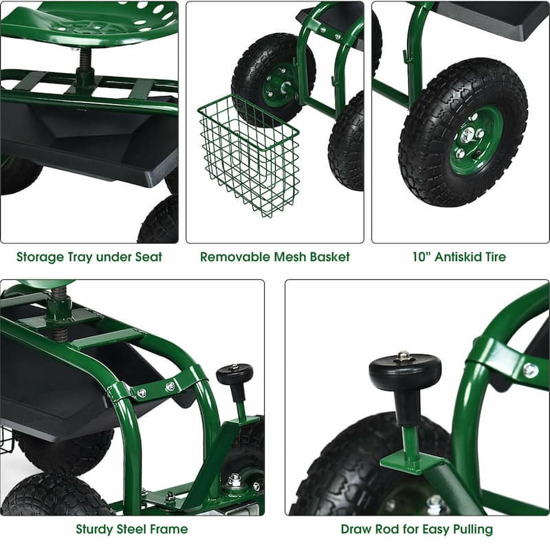 Gymax Rolling Garden Cart Scooter w/ Adjustable Seat Storage Basket