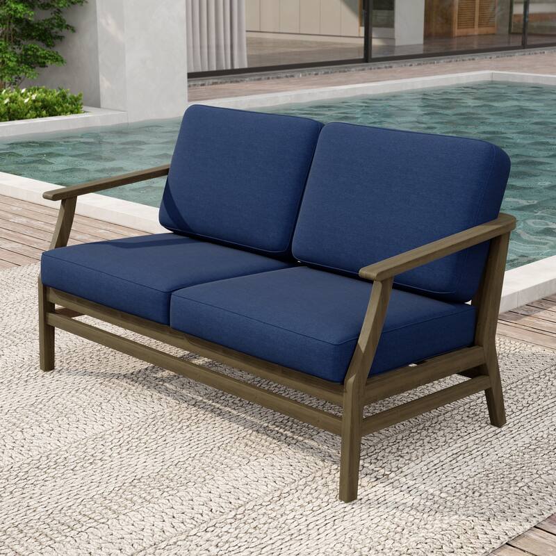 Patio Teak Wood Outdoor Loveseat Sofa with Cushions - Natural Wood - Navy