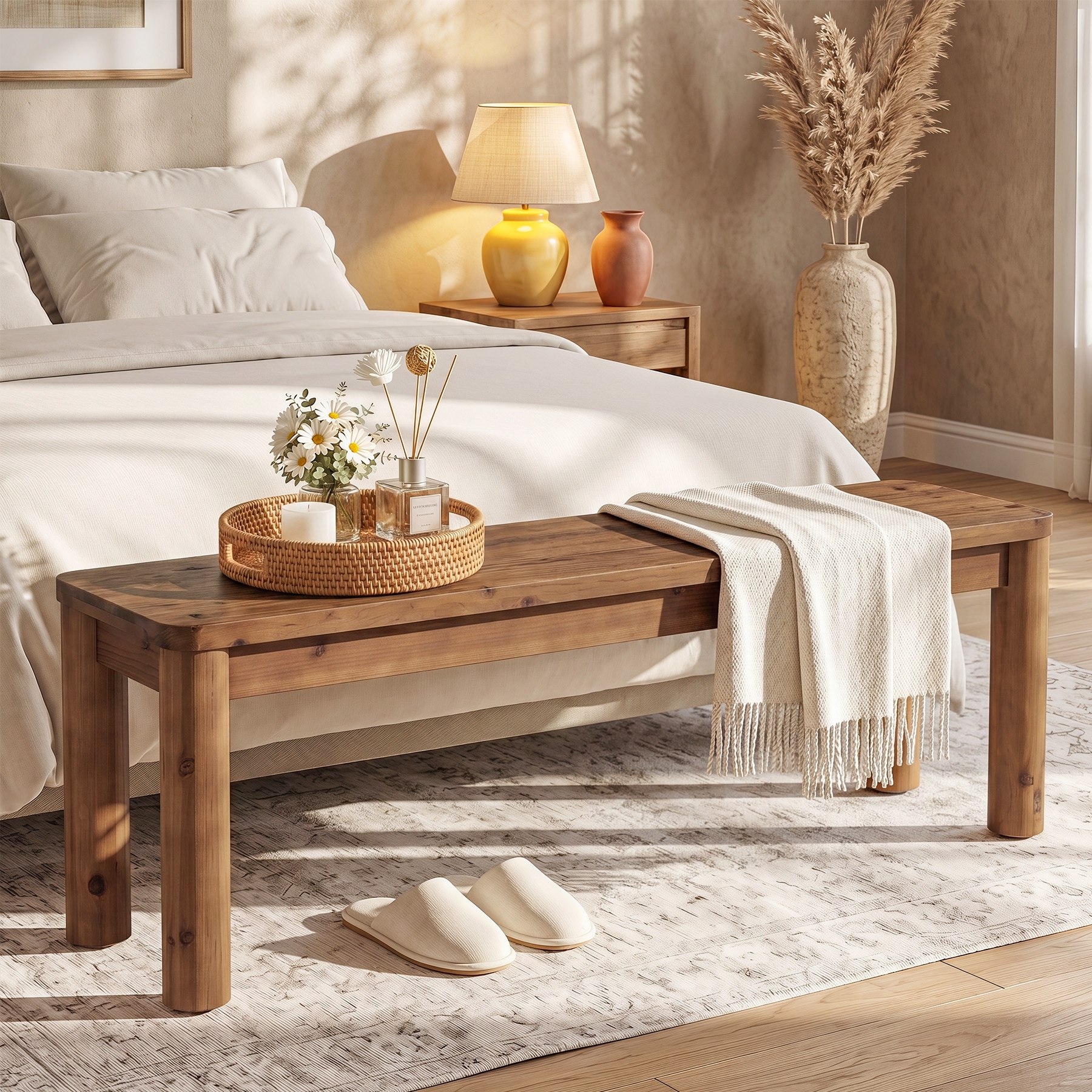 Solid Wood Entryway Bench, 55" Farmhouse Wooden End of Bed Bench