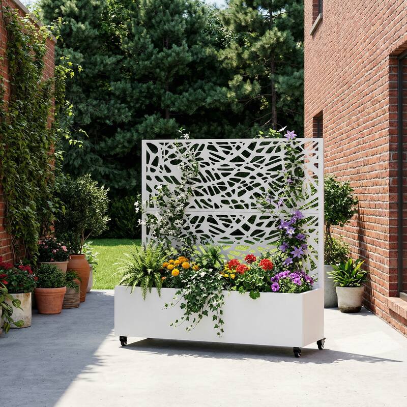 Metal Galvanized Planter Box with Trellis Privacy Screen Lockable Wheels