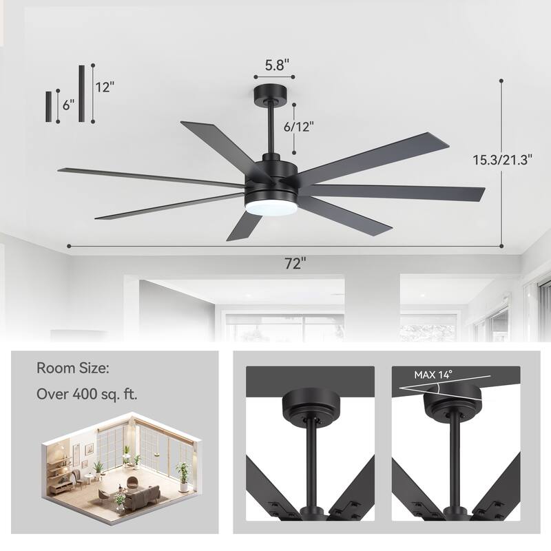 72-inch 7-Blade Matte Black Ceiling Fan with Light and Remote