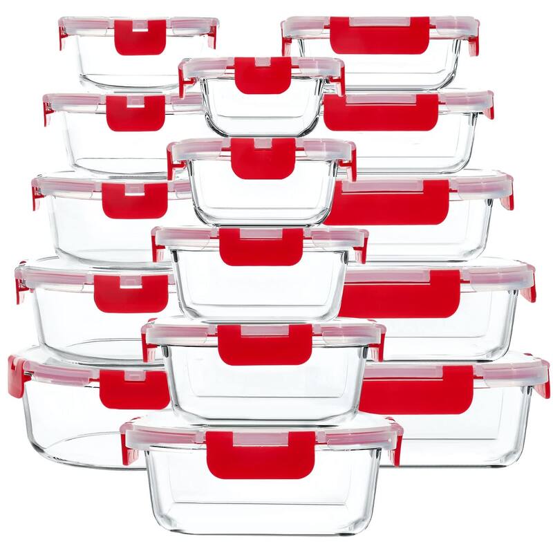 30 Pieces Glass Food Storage Containers with Upgraded Snap Locking Lids,Glass Meal Prep Containers Set Airtight Lunch Containers - Red