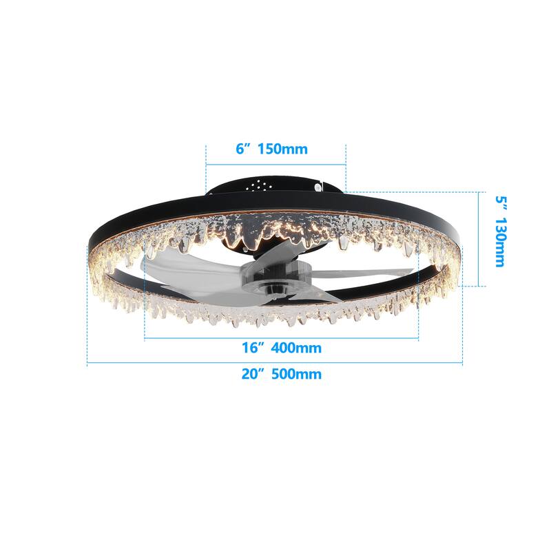 24"/20"/16" Crystal Ceiling Fan with Light, Flush Mount LED Chandelier Fan Round Ceiling Light for Bedroom Living Room