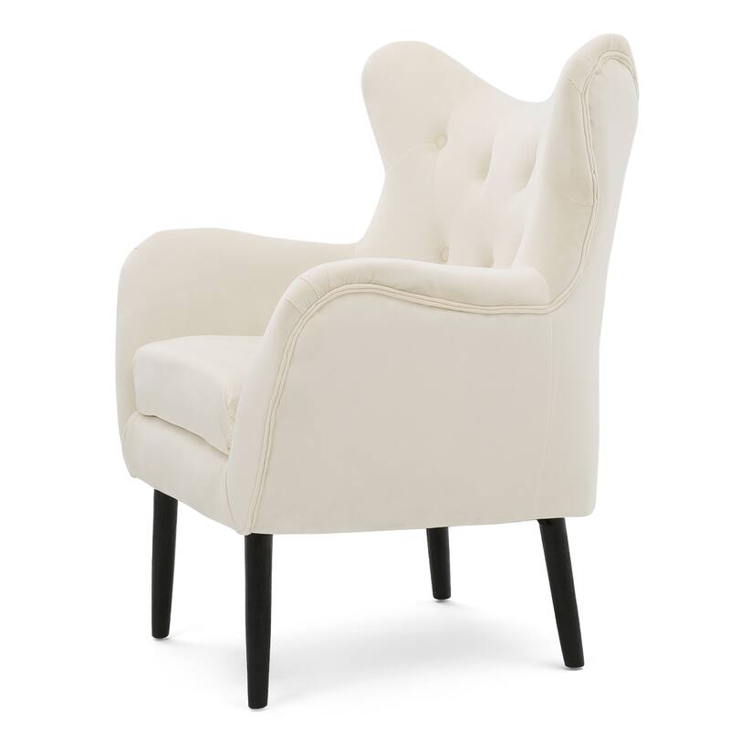 Ivory Modern 34.25" Velvet Upholstered Button Tufted Arm Chair with Solid Oak Wood Frame and Gently Curved Wingback