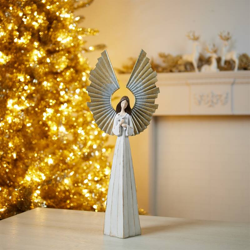 24.75” Tall White and Gold Holiday Angel Statue with Distressed Metal Wings for Mantel or Tabletop - 9.75”L x 4.5”W x 24.75”H