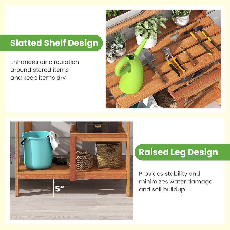Gymax Outdoor Potting Bench Table w/Open Shelves Teak Oil Finish