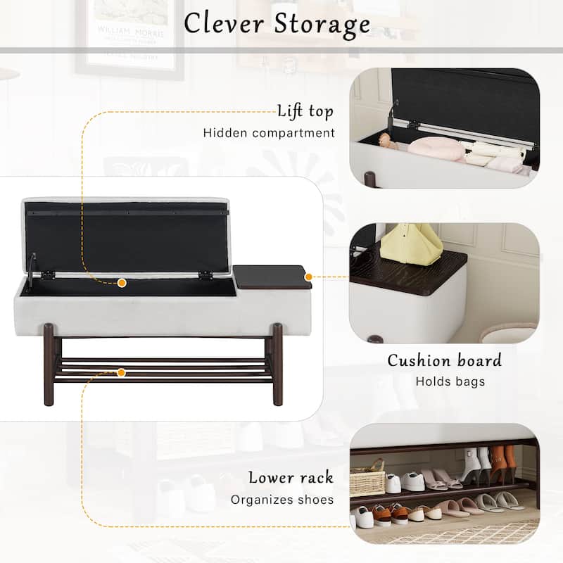 Farmhouse Upholstered Storage Bench with Hidden Compartment, Modern Entryway Bench for Living Room, Entryway, and Hallways