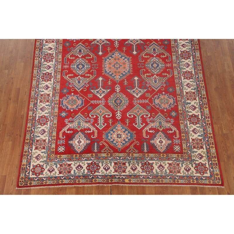Geometric Red Kazak Rug Hand-Knotted Bedroom Wool Carpet - 6'6"x 9'2"