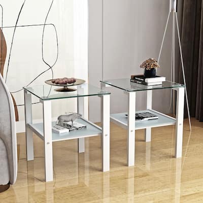 Square Modern 2-layer Glass Side Table for living room, Set of 2