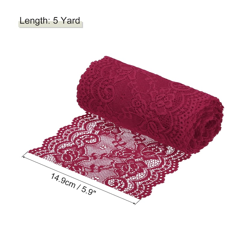 6 Inch Wide 5 Yard Lace Ribbon Floral Pattern Lace Trim Ribbon - Burgundy Red