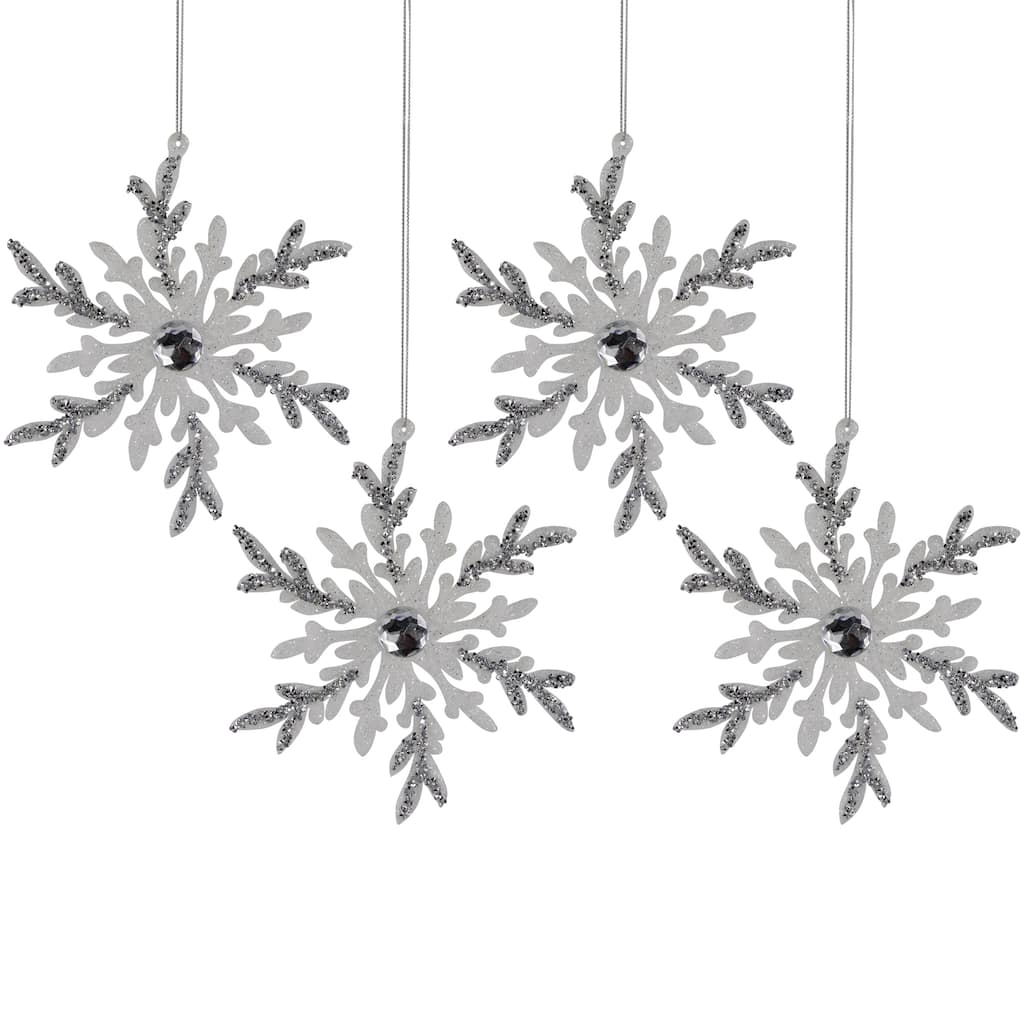 Glitter Snowflakes Christmas Ornaments - 6" - White and Silver - 4ct