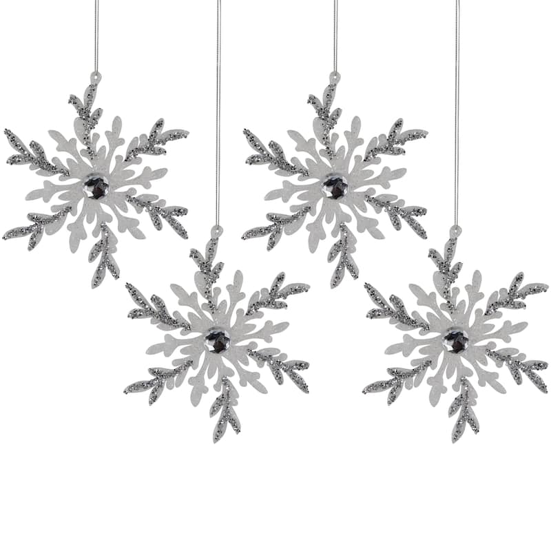 Glitter Snowflakes Christmas Ornaments - 6" - White and Silver - 4ct