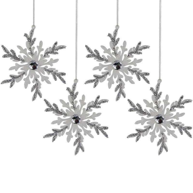 Glitter Snowflakes Christmas Ornaments - 6" - White and Silver - 4ct