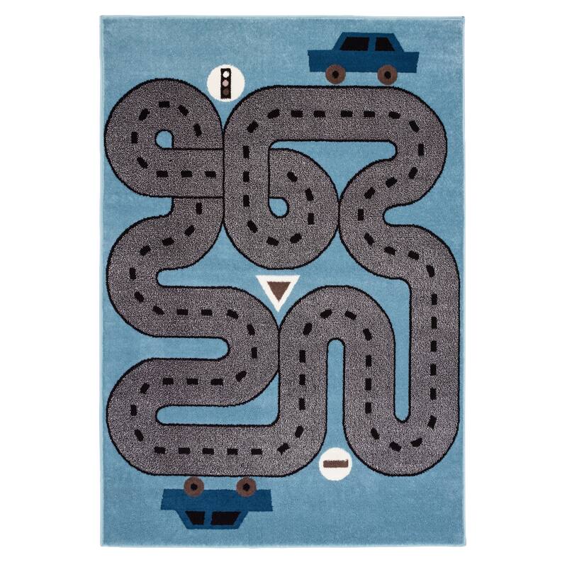Wren Light Blue Race Track Children's Indoor Area Rug by Sevita - 1'10" x 3'