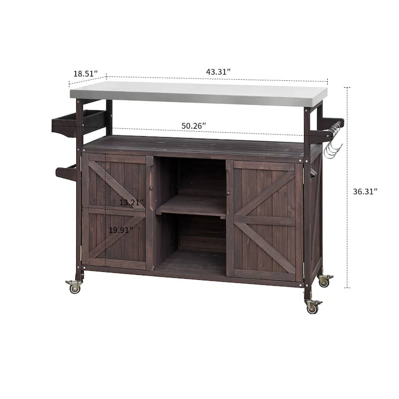 Vintage Stylish Wooden Kitchen Island with Stainless Steel Top, Indoor/Outdoor Use