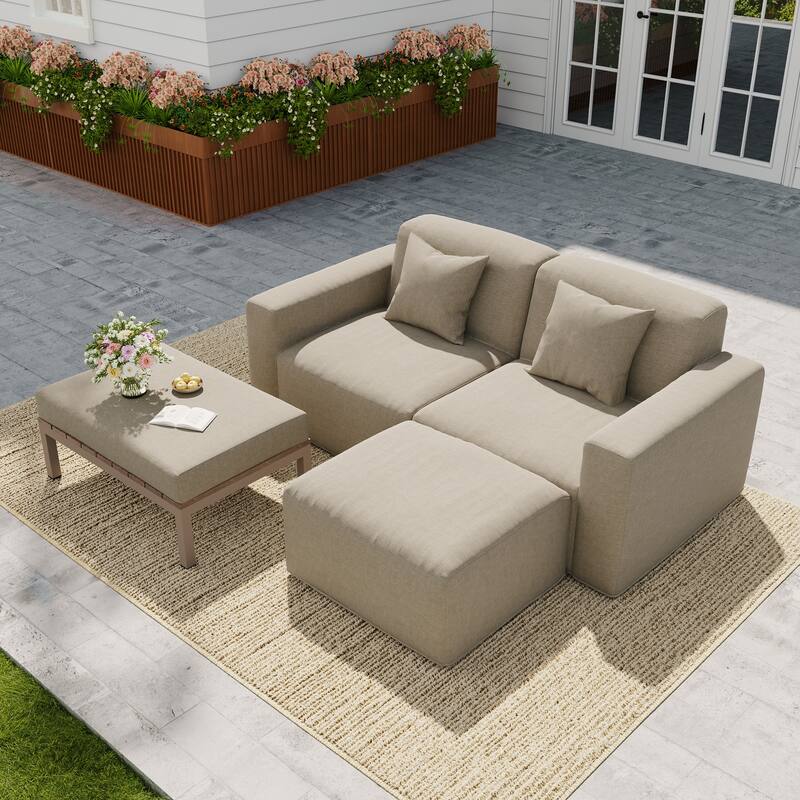 No Assembly Outdoor Patio Modular Sofa with Ottoman, Coffee Table
