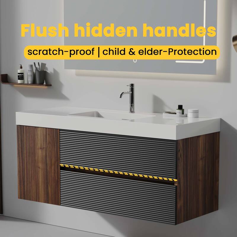 Wall Mounted Bathroom Vanity with Glossy White Solid Surface Sink