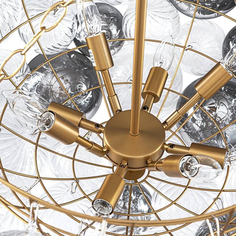 Statement 8-Light Swirled Smoked Glass Globe Round Bubble Chandelier - Brass Finish